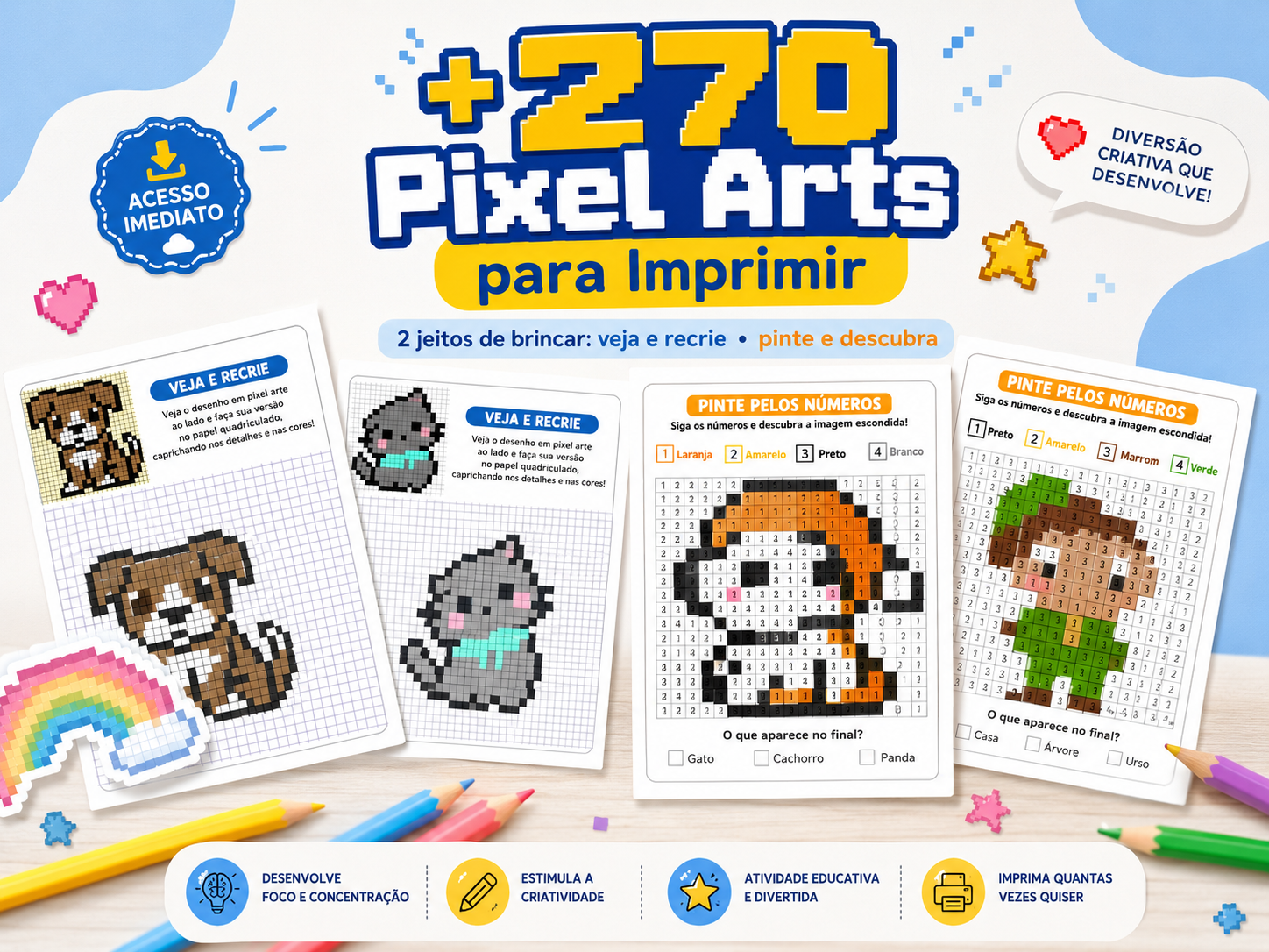Prévia do pacote com 270 Pixel Arts para imprimir