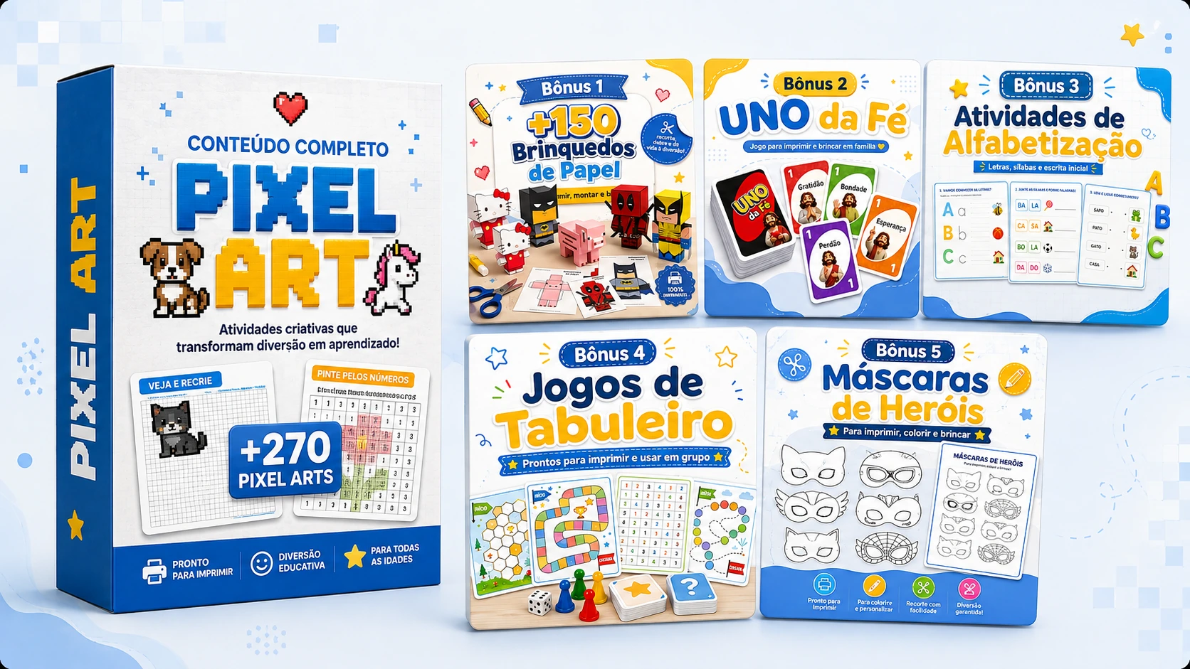 Resumo visual do pacote completo com Pixel Arts e bônus para imprimir